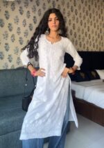 Dove White Modal Chikankari Long Kurta