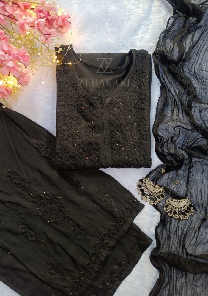 Noor Chikankari Mukesh Work Rayon Long Kurti Set with Dupatta - Black - Image 2