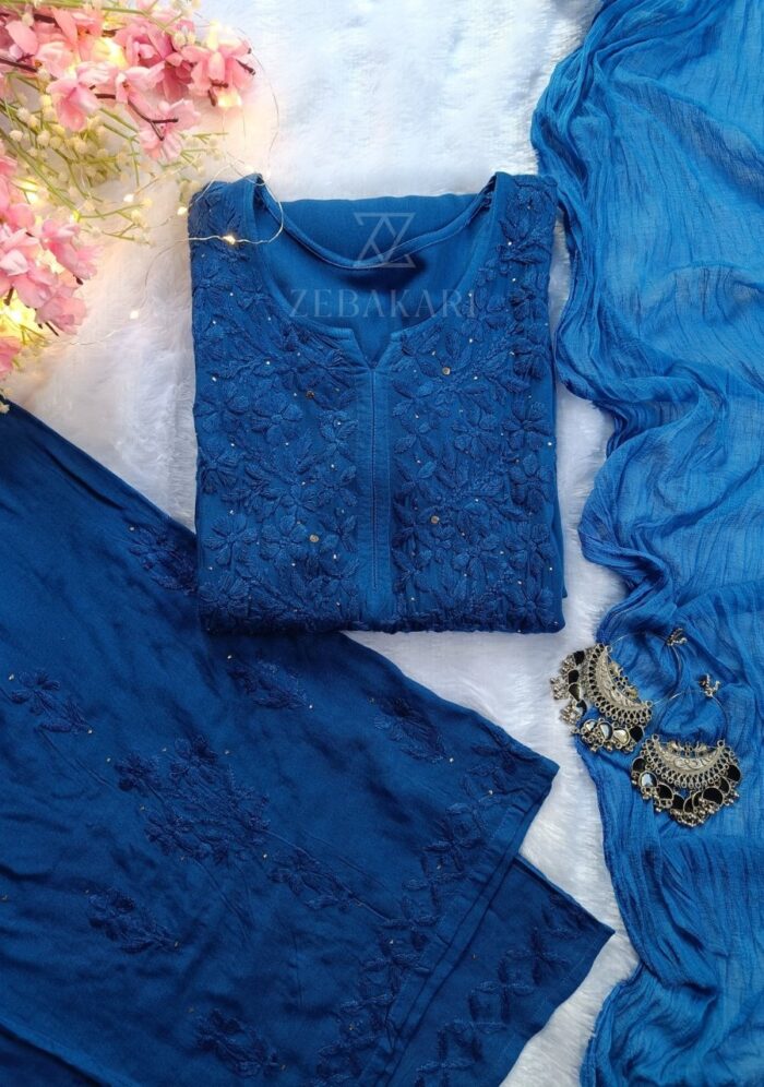 Noor Chikankari Mukesh Work Rayon Long Kurti Set with Dupatta - Blue - Image 2