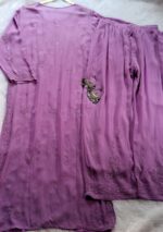 Dia Premium Viscose Chikankari Long Kurti Palazzo & Dupatta Set- Lavender - Image 3