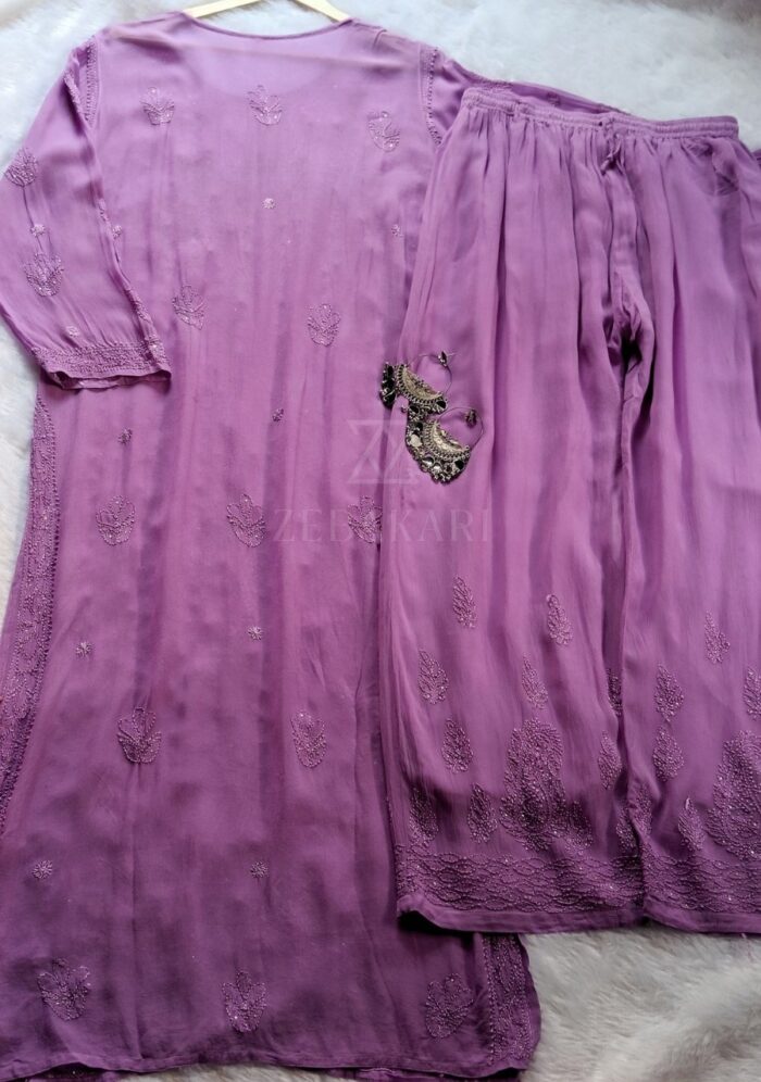 Dia Premium Viscose Chikankari Long Kurti Palazzo & Dupatta Set- Lavender - Image 3