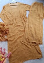 Dia Premium Viscose Chikankari Long Kurti Palazzo & Dupatta Set- Beige - Image 2