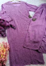 Dia Premium Viscose Chikankari Long Kurti Palazzo & Dupatta Set- Lavender - Image 2