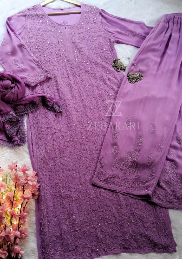 Dia Premium Viscose Chikankari Long Kurti Palazzo & Dupatta Set- Lavender - Image 2
