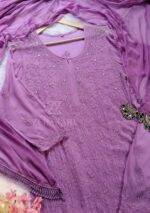 Dia Premium Viscose Chikankari Long Kurti Palazzo & Dupatta Set- Lavender