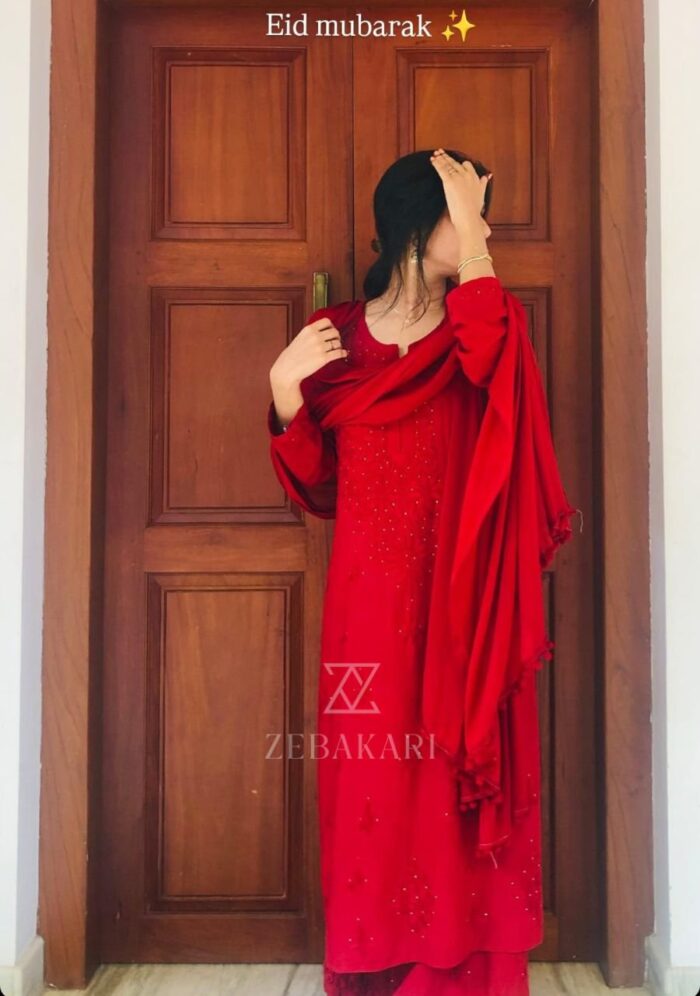 Noor Chikankari Mukesh Work Rayon Long Kurti Set with Dupatta - Maroon - Image 5