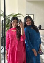 Noor Chikankari Mukesh Work Rayon Long Kurti Set with Dupatta - Blush Pink - Image 11