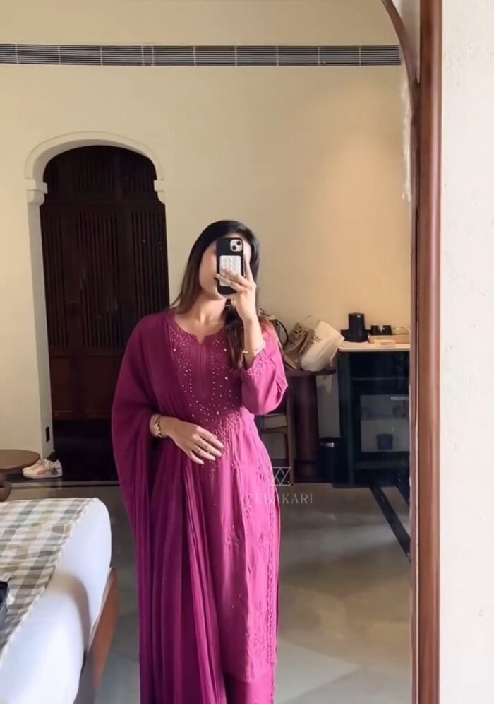 Noor Chikankari Mukesh Work Rayon Long Kurti Set with Dupatta - Plum - Image 2