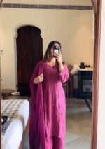 Noor Chikankari Mukesh Work Rayon Long Kurti Set with Dupatta - Plum - Image 4