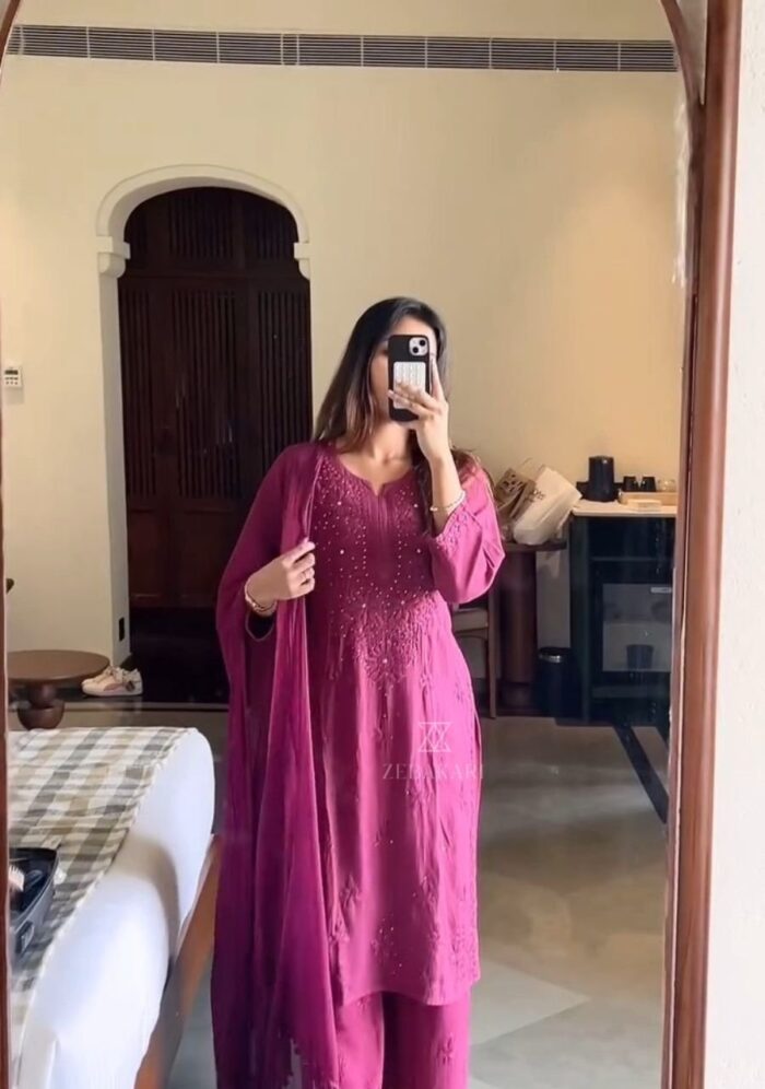 Noor Chikankari Mukesh Work Rayon Long Kurti Set with Dupatta - Plum - Image 4