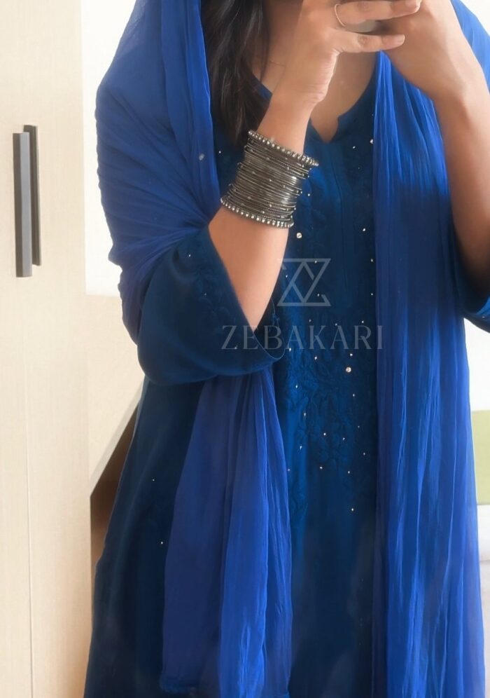 Noor Chikankari Mukesh Work Rayon Long Kurti Set with Dupatta - Blue - Image 1