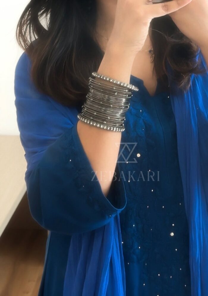 Noor Chikankari Mukesh Work Rayon Long Kurti Set with Dupatta - Blue - Image 10