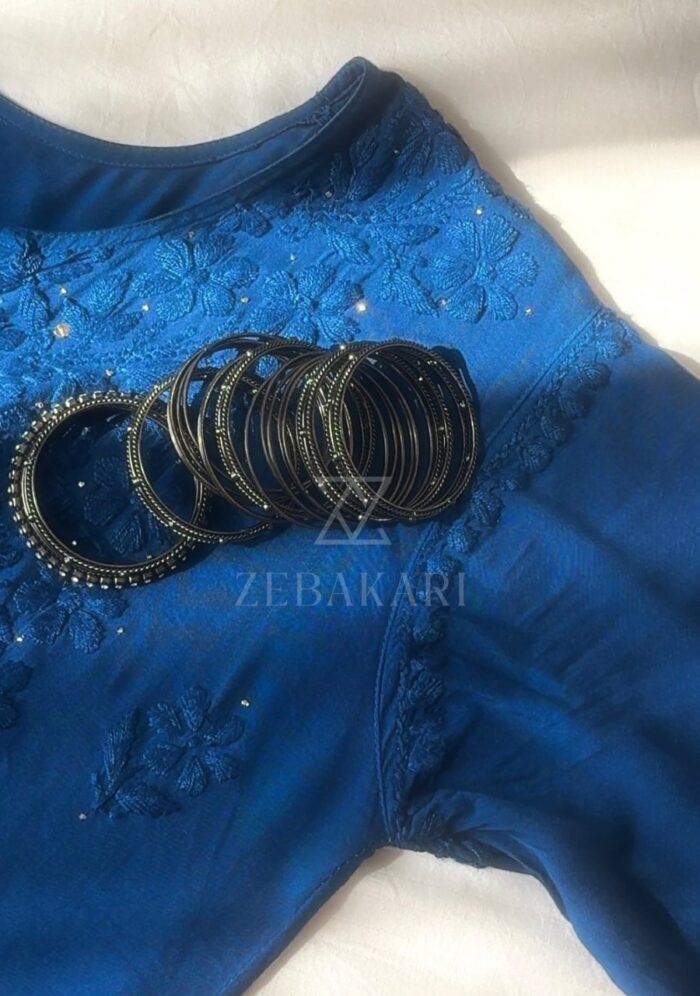 Noor Chikankari Mukesh Work Rayon Long Kurti Set with Dupatta - Blue - Image 3