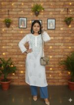 Sadiya Cotton Chikankari Long Kurti- Mint Green