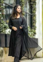 Noor Chikankari Mukesh Work Rayon Long Kurti Set with Dupatta - Black