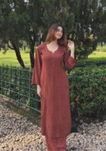 Noor Chikankari Mukesh Work Rayon Long Kurti Set with Dupatta - Coffee Brown - Image 2