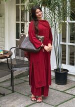 Noor Chikankari Mukesh Work Rayon Long Kurti Set with Dupatta - Maroon - Image 2