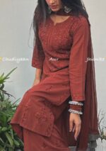 Noor Chikankari Mukesh Work Rayon Long Kurti Set with Dupatta - Coffee Brown - Image 8