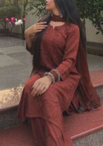 Noor Chikankari Mukesh Work Rayon Long Kurti Set with Dupatta - Coffee Brown