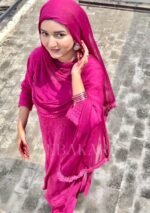 Noor Chikankari Mukesh Work Rayon Long Kurti Set with Dupatta - Plum - Image 10