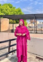 Noor Chikankari Mukesh Work Rayon Long Kurti Set with Dupatta - Plum - Image 2