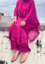 Noor Chikankari Mukesh Work Rayon Long Kurti Set with Dupatta - Plum - Image 6