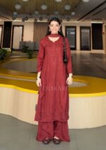 Noor Chikankari Mukesh Work Rayon Long Kurti Set with Dupatta - Maroon - Image 2