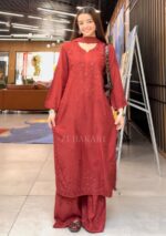 Noor Chikankari Mukesh Work Rayon Long Kurti Set with Dupatta - Maroon - Image 11