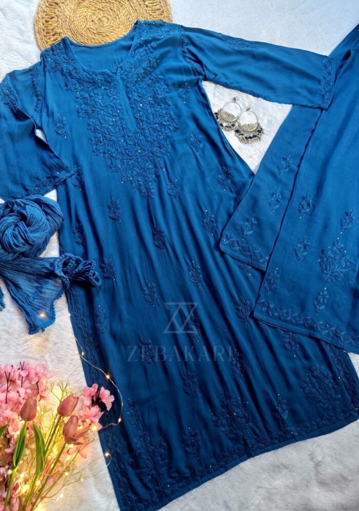 Noor Chikankari Mukesh Work Rayon Long Kurti Set with Dupatta - Blue - Image 7