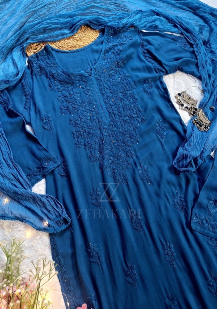 Noor Chikankari Mukesh Work Rayon Long Kurti Set with Dupatta - Blue - Image 12