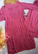 Noor Chikankari Mukesh Work Rayon Long Kurti Set with Dupatta - Blush Pink - Image 5