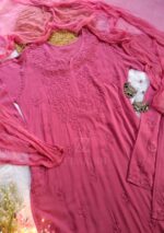 Noor Chikankari Mukesh Work Rayon Long Kurti Set with Dupatta - Blush Pink - Image 9