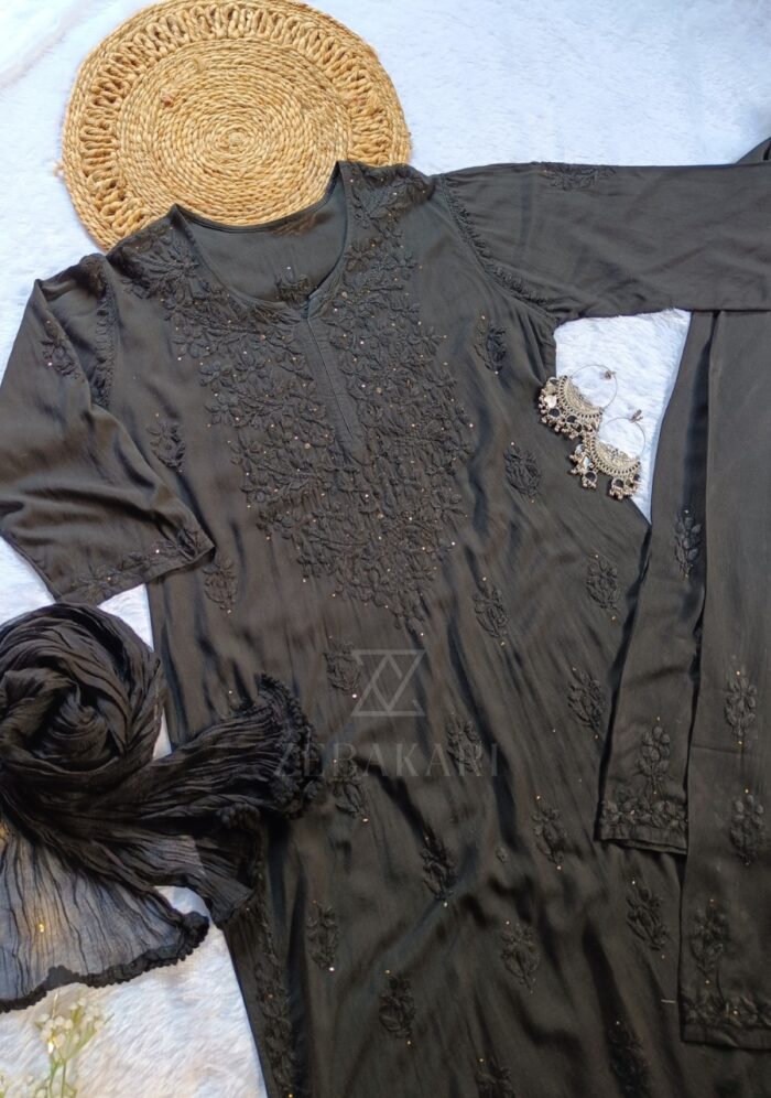 Noor Chikankari Mukesh Work Rayon Long Kurti Set with Dupatta - Black - Image 4
