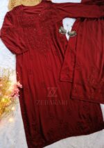 Noor Chikankari Mukesh Work Rayon Long Kurti Set with Dupatta - Maroon - Image 2