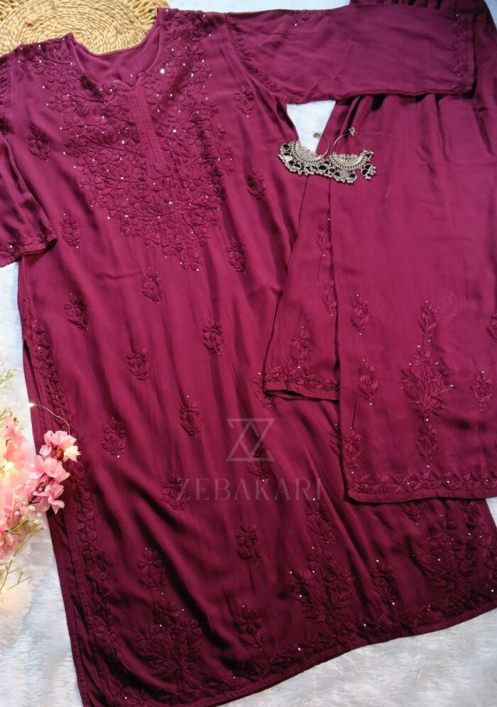 Noor Chikankari Mukesh Work Rayon Long Kurti Set with Dupatta - Plum - Image 9