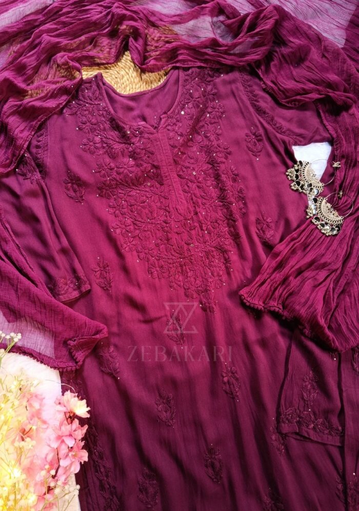 Noor Chikankari Mukesh Work Rayon Long Kurti Set with Dupatta - Plum - Image 5
