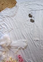 Noor Chikankari Mukesh Work Rayon Long Kurti Set with Dupatta - White - Image 7