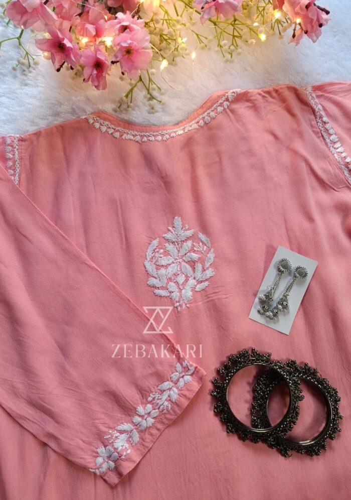 Daisy Chikankari Rayon Short Kurti - Peach - Image 2