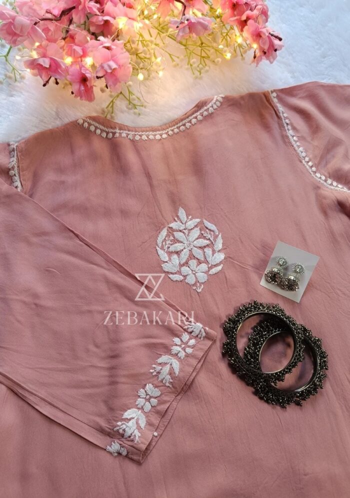 Daisy Chikankari Rayon Short Kurti - Nude Pink - Image 3