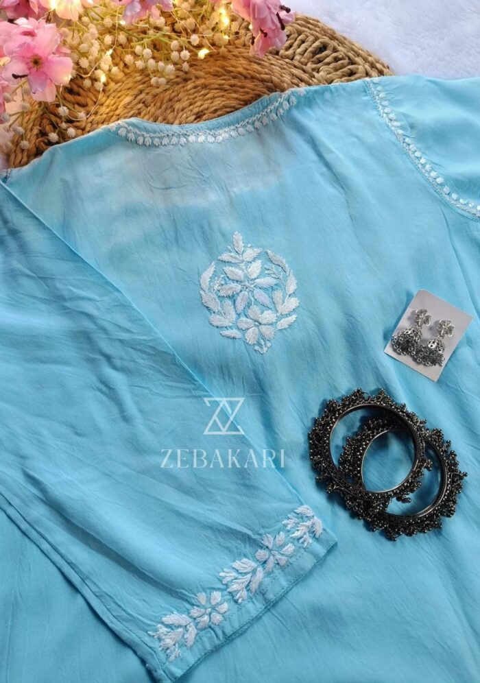 Daisy Chikankari Rayon Short Kurti - Sky Blue - Image 3