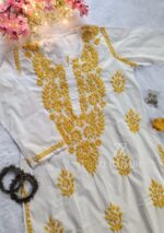 Sadiya Cotton Chikankari Long Kurti with Pant- Yellow - Image 2