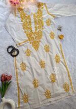Sadiya Cotton Chikankari Long Kurti with Pant- Yellow - Image 3