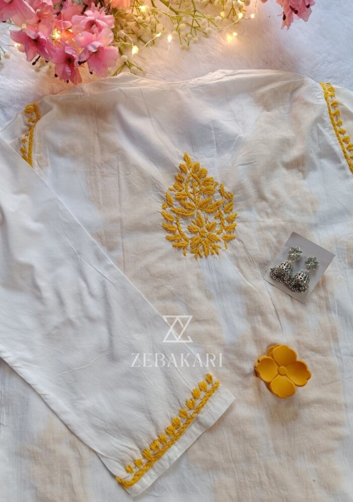 Sadiya Cotton Chikankari Long Kurti with Pant- Yellow - Image 5
