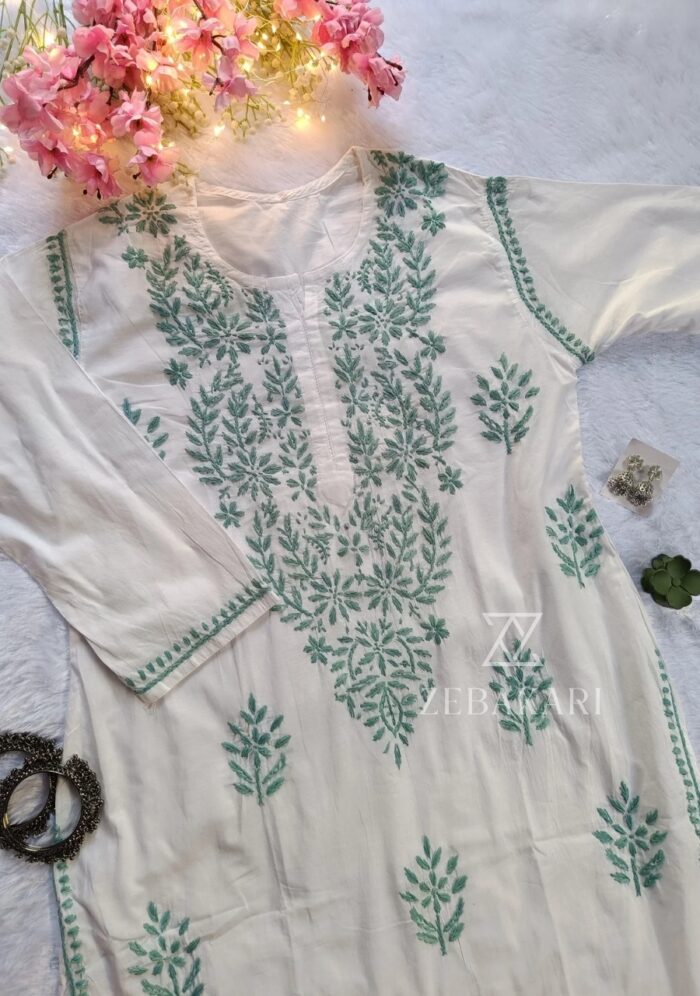 Sadiya Cotton Chikankari Long Kurti with Pant- Mint Green - Image 2