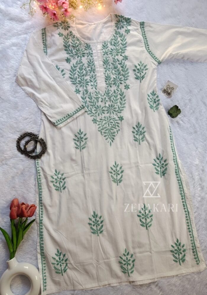 Sadiya Cotton Chikankari Long Kurti with Pant- Mint Green - Image 3