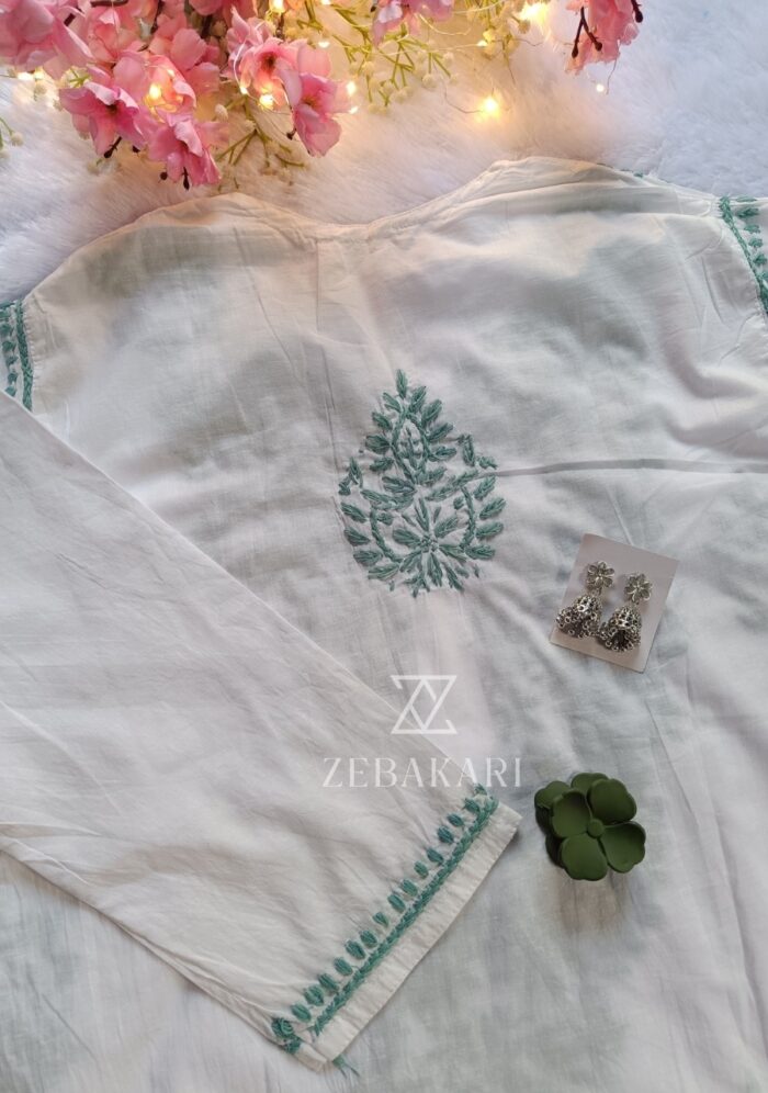 Sadiya Cotton Chikankari Long Kurti with Pant- Mint Green - Image 5