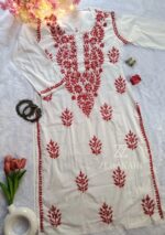 Sadiya Cotton Chikankari Long Kurti with Pant - Red - Image 4