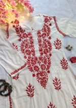 Sadiya Cotton Chikankari Long Kurti with Pant - Red - Image 3