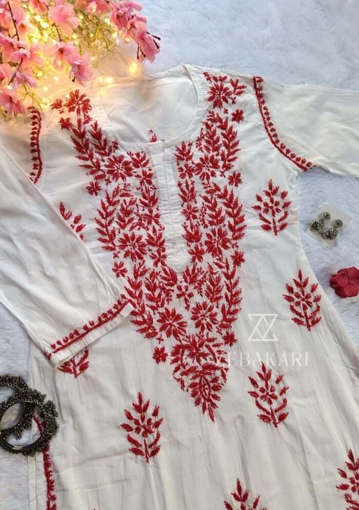 Sadiya Cotton Chikankari Long Kurti with Pant - Red - Image 3