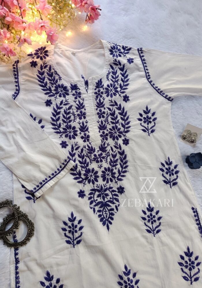 Sadiya Cotton Chikankari Long Kurti with Pant- Blue - Image 3